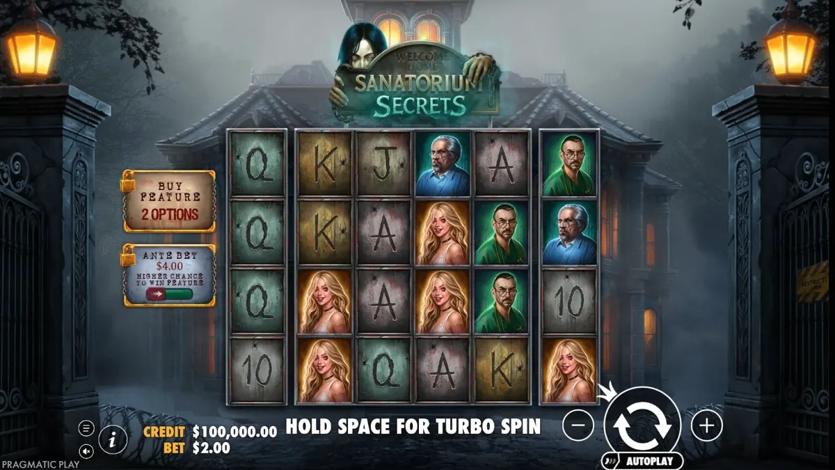 Interface do jogo de slot Sanatorium Secrets com temática de terror psicológico